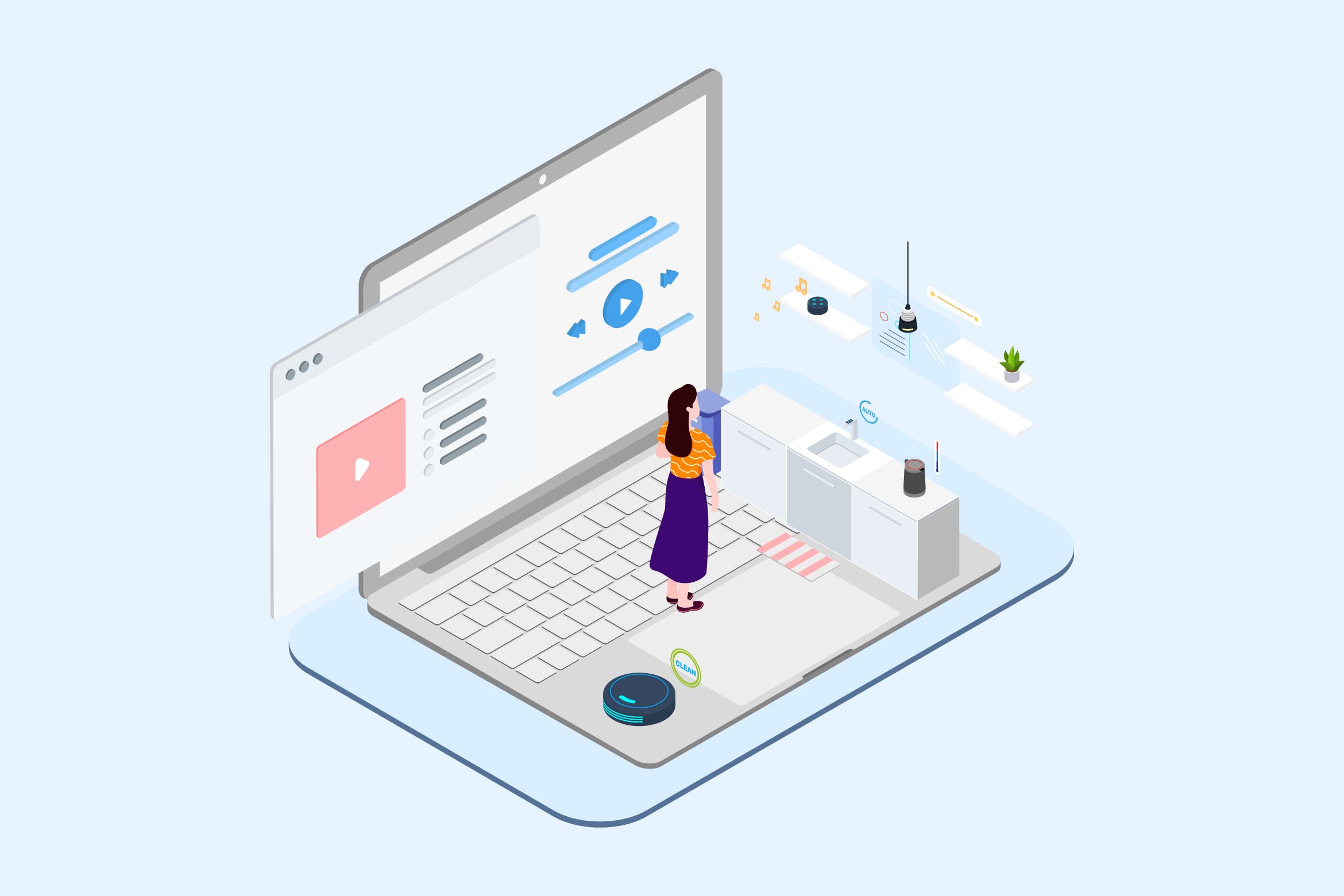 家庭智能音箱主题场景2.5D等距概念矢量插画v2 Smart Echo Isometric Illustration – T2