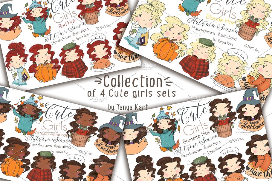 4套卡通可爱女孩矢量插画 Collection of 4 Sets Cute Girls