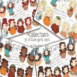 4套卡通可爱女孩矢量插画 Collection of 4 Sets Cute Girls