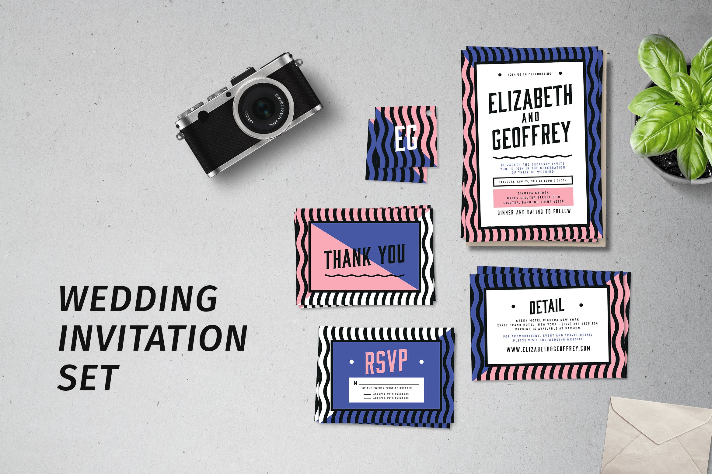 孟菲斯设计风格婚礼邀请函设计套装 Memphis Wedding Invitation Set