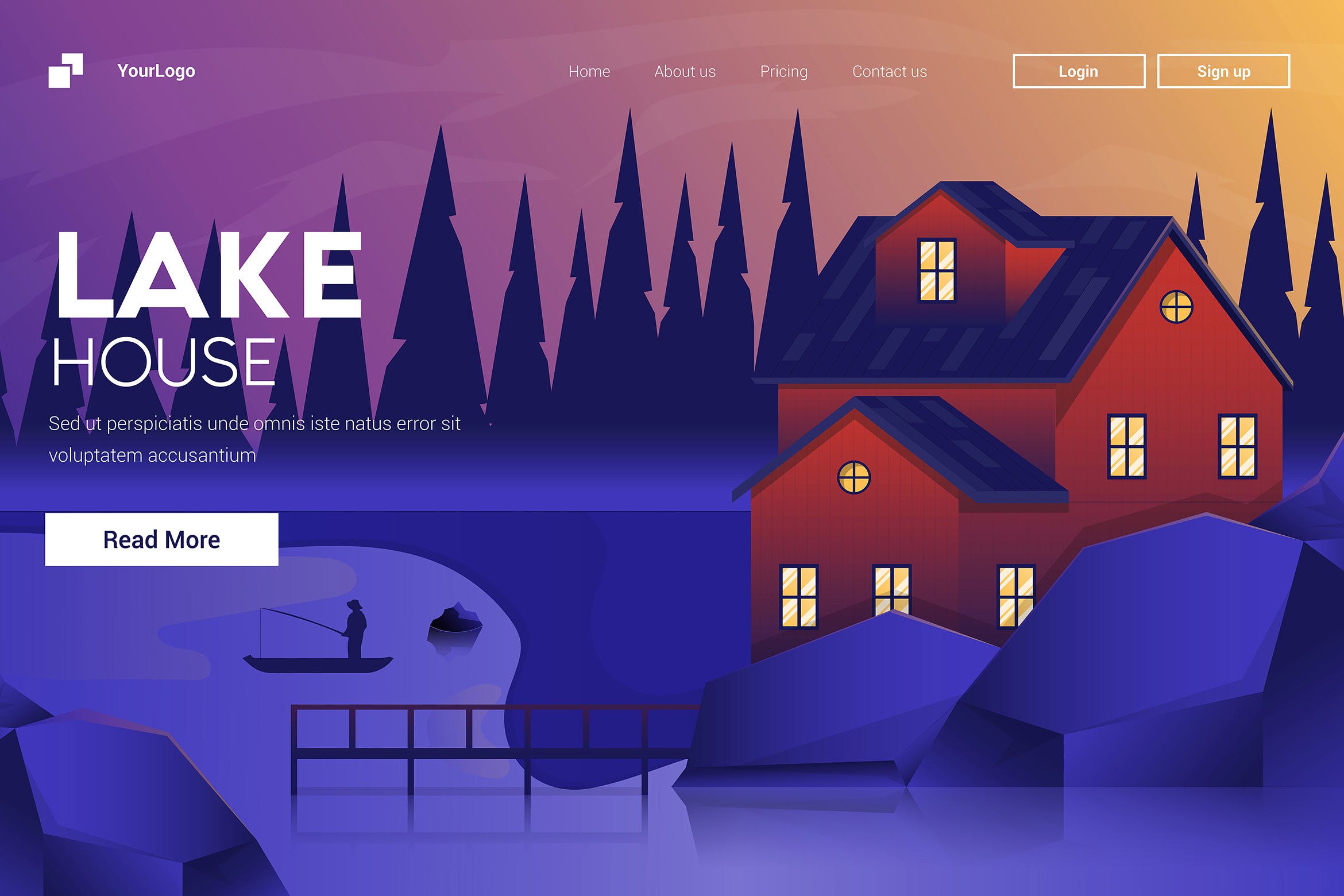 湖边别墅日落美景扁平设计风格矢量插画素材 Flat Modern design Illustration of Mountain House