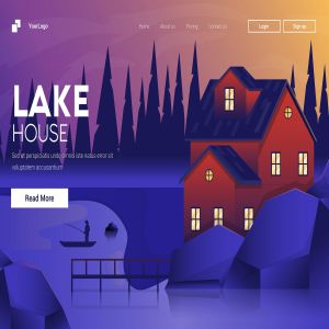 湖边别墅日落美景扁平设计风格矢量插画素材 Flat Modern design Illustration of Mountain House