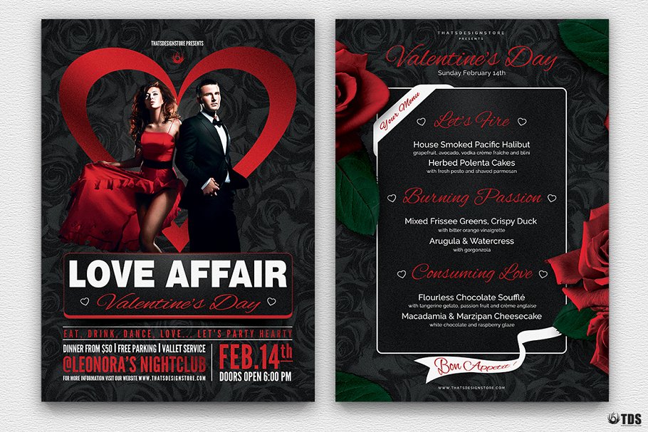 情人节主题传单模板v3 Valentines Day Flyer+Menu PSD V3