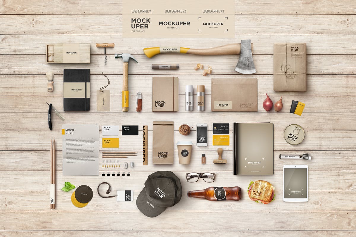 木制工艺品品牌等距场景样机 Brutal Wood Branding Mock-Up (PSD)