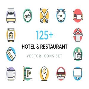125+饭馆酒店专题粗线条彩绘图标 125+ Hotel and Restaurant Icons