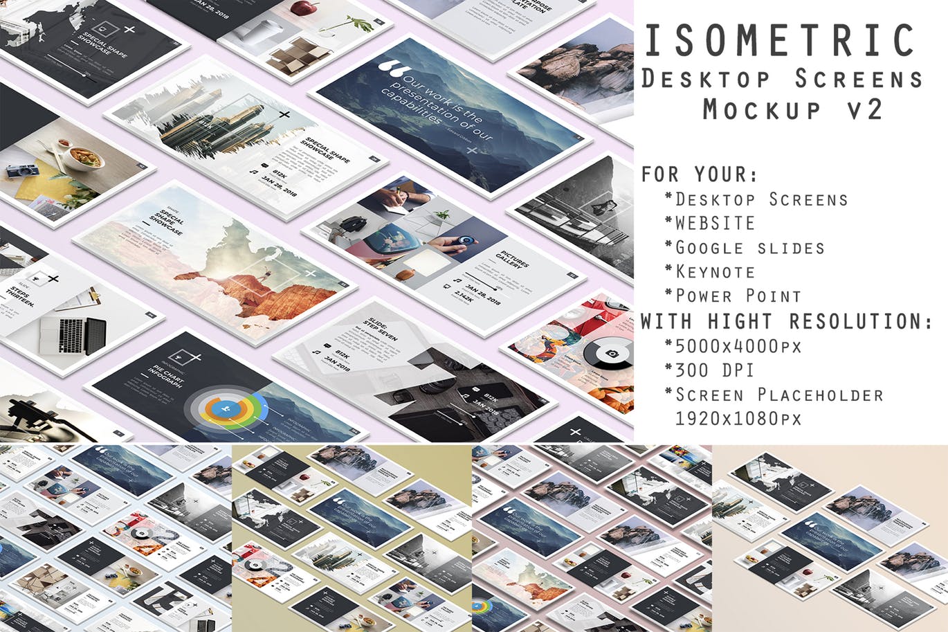 等距桌面屏幕截图预览样机v2 Isometric Desktop Screens Mockup V02