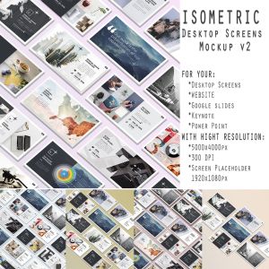 等距桌面屏幕截图预览样机v2 Isometric Desktop Screens Mockup V02