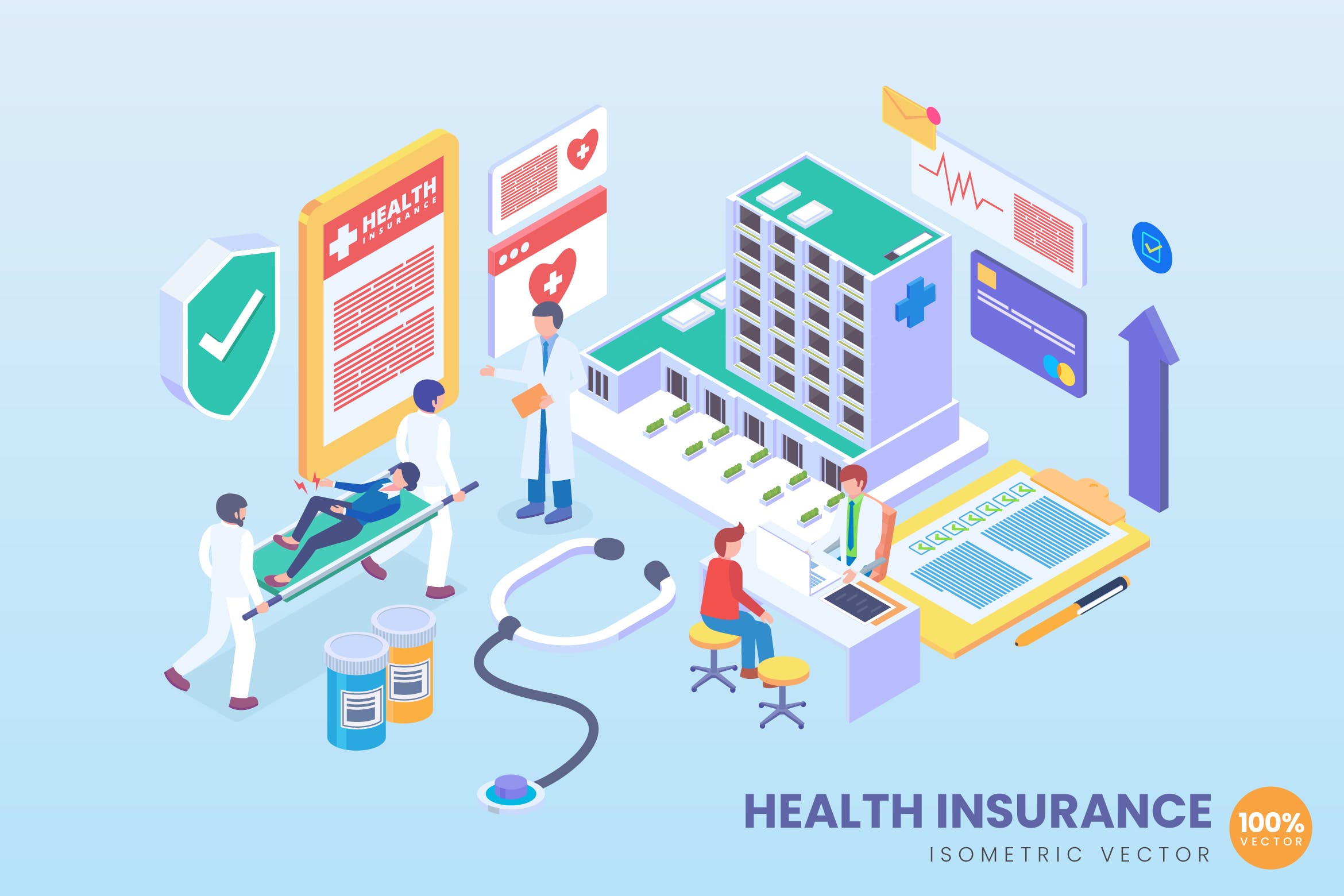 健康人寿保险服务场景2.5D等距概念矢量插画 Isometric Health Insurance Vector Concept