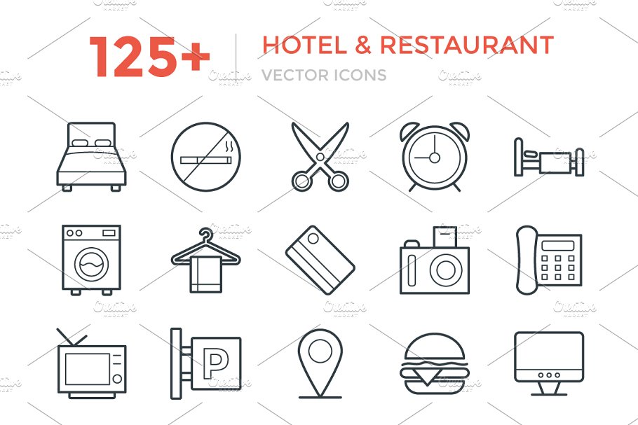 125 +酒店和餐厅主题图标 125+ Hotel and Restaurant Icons