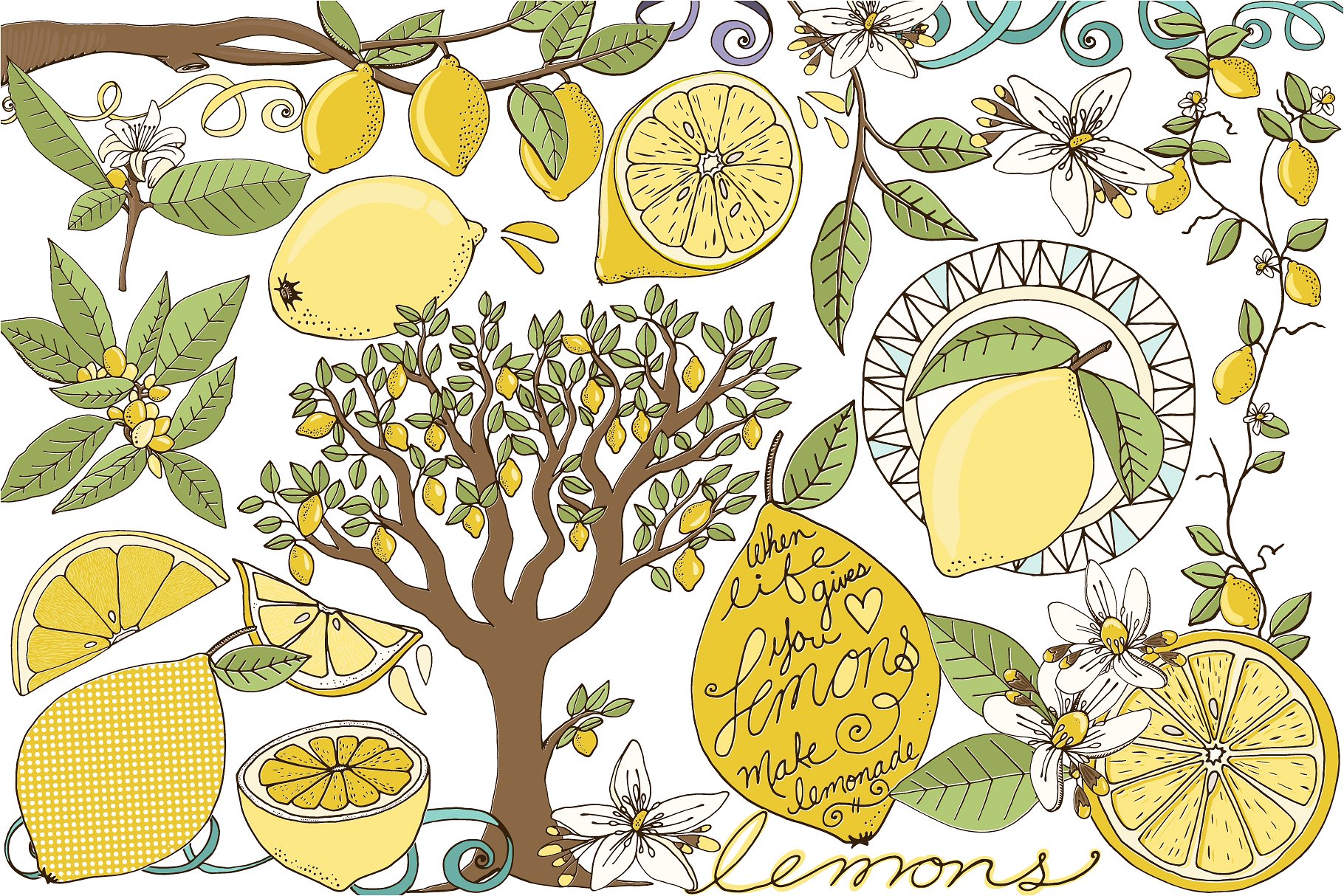 新鲜夏天柠檬插图合集 Lemons, Summer Fruit Illustrations