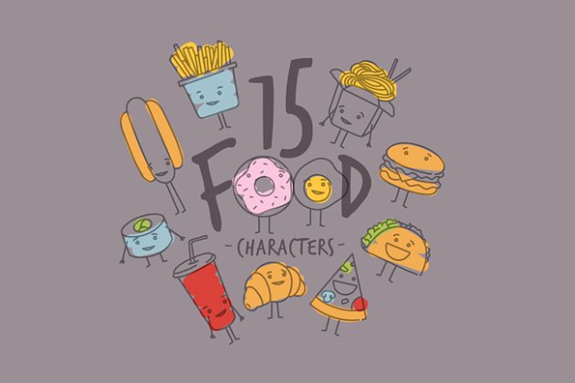 手绘甜点小吃矢量图案 Food Characters