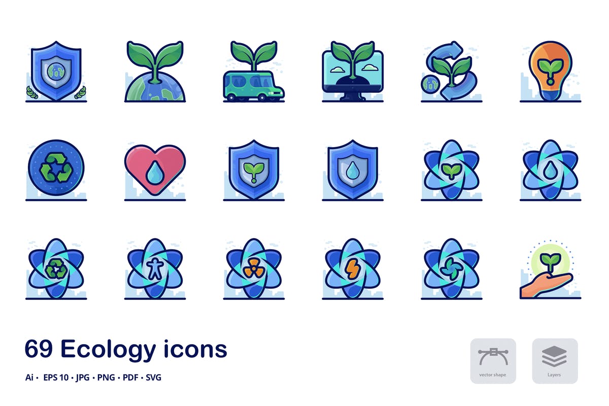 新能源生态环境主题图标集 Ecology Detailed Filled Outline icons