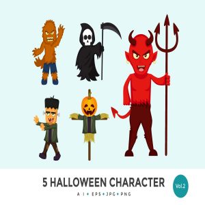 5个万圣节可爱怪物卡通人物矢量图形素材v2 5 Cute Halloween Monster Vector Character Set 2
