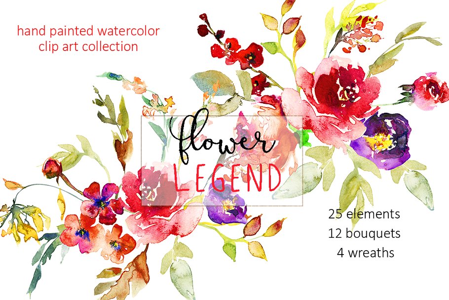 红牡丹花水彩剪切画（元素、花束&花圈） Watercolor Red Peony Flowers Clipart