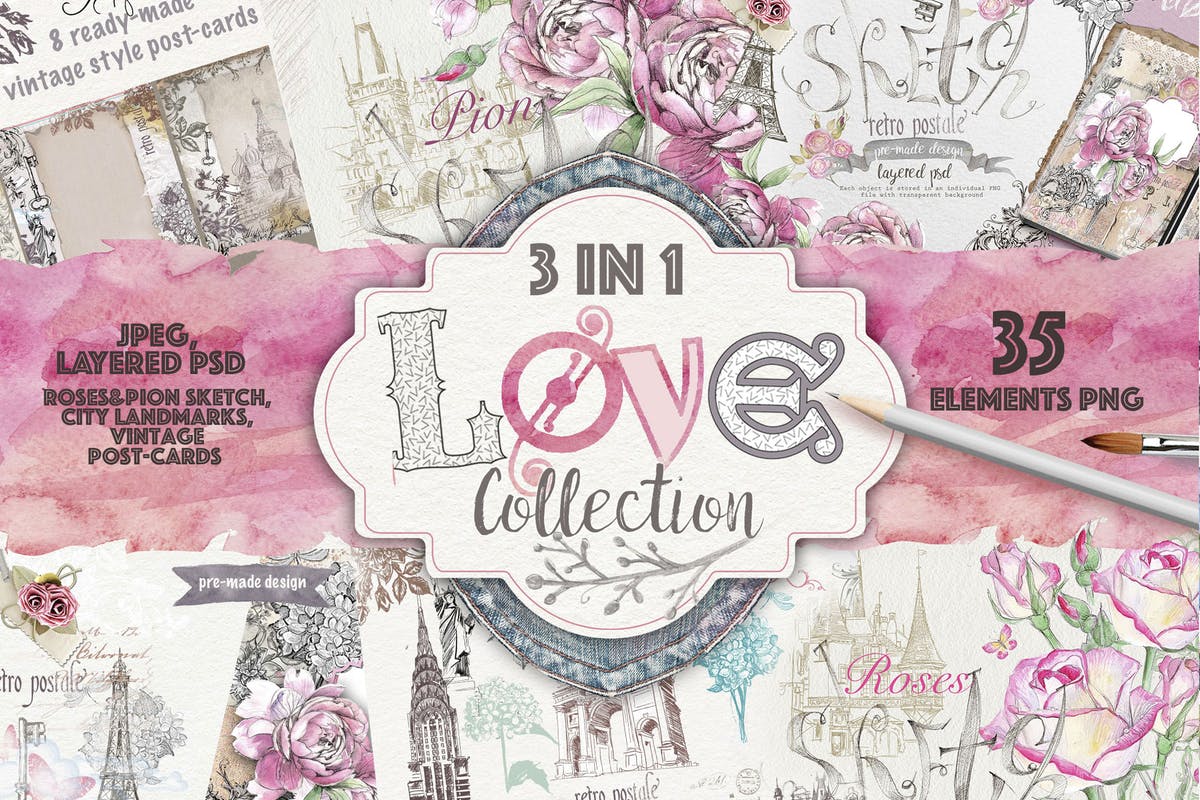 三合一浪漫巴黎主题复古风格明信片设计模板 Love collection 3 in 1
