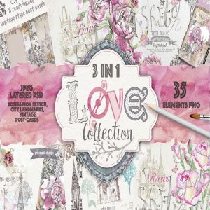 三合一浪漫巴黎主题复古风格明信片设计模板 Love collection 3 in 1