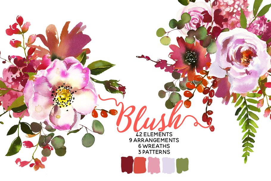 粉红珊瑚水彩花卉 Blush Pink Coral Watercolor Flowers