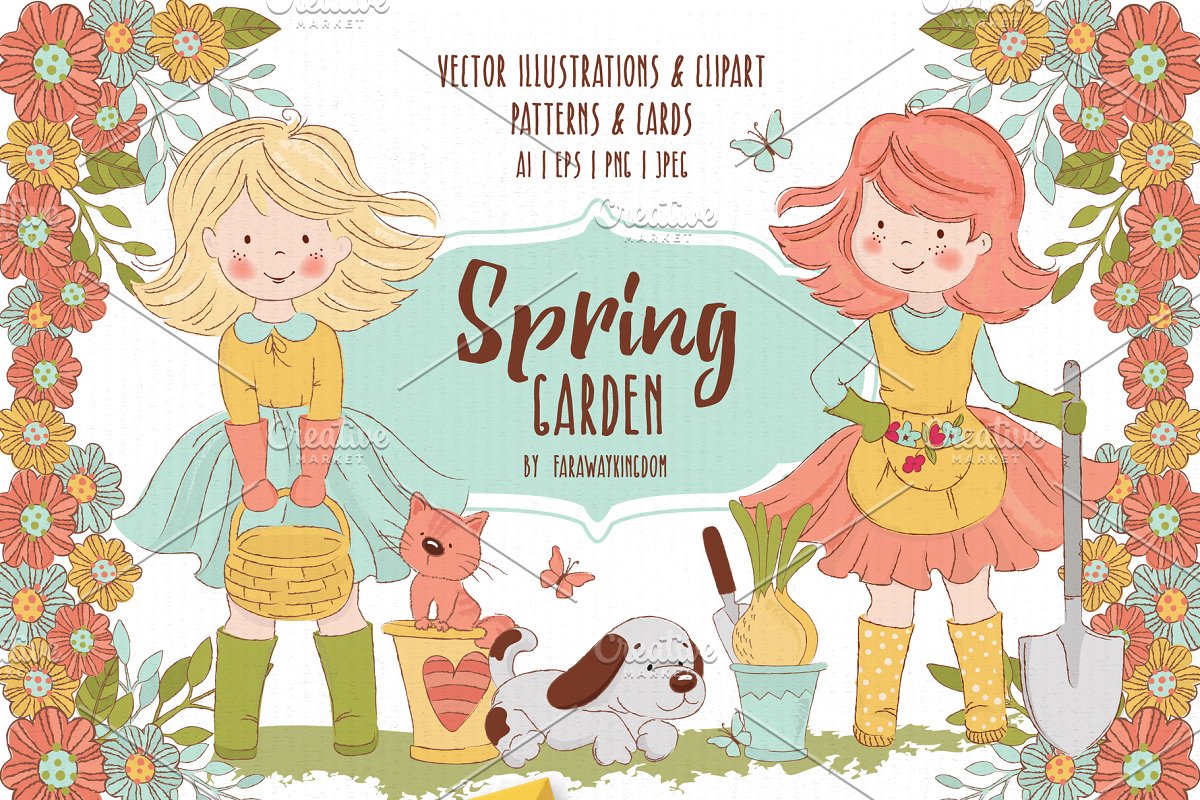 春天花园小女孩&花卉矢量图集