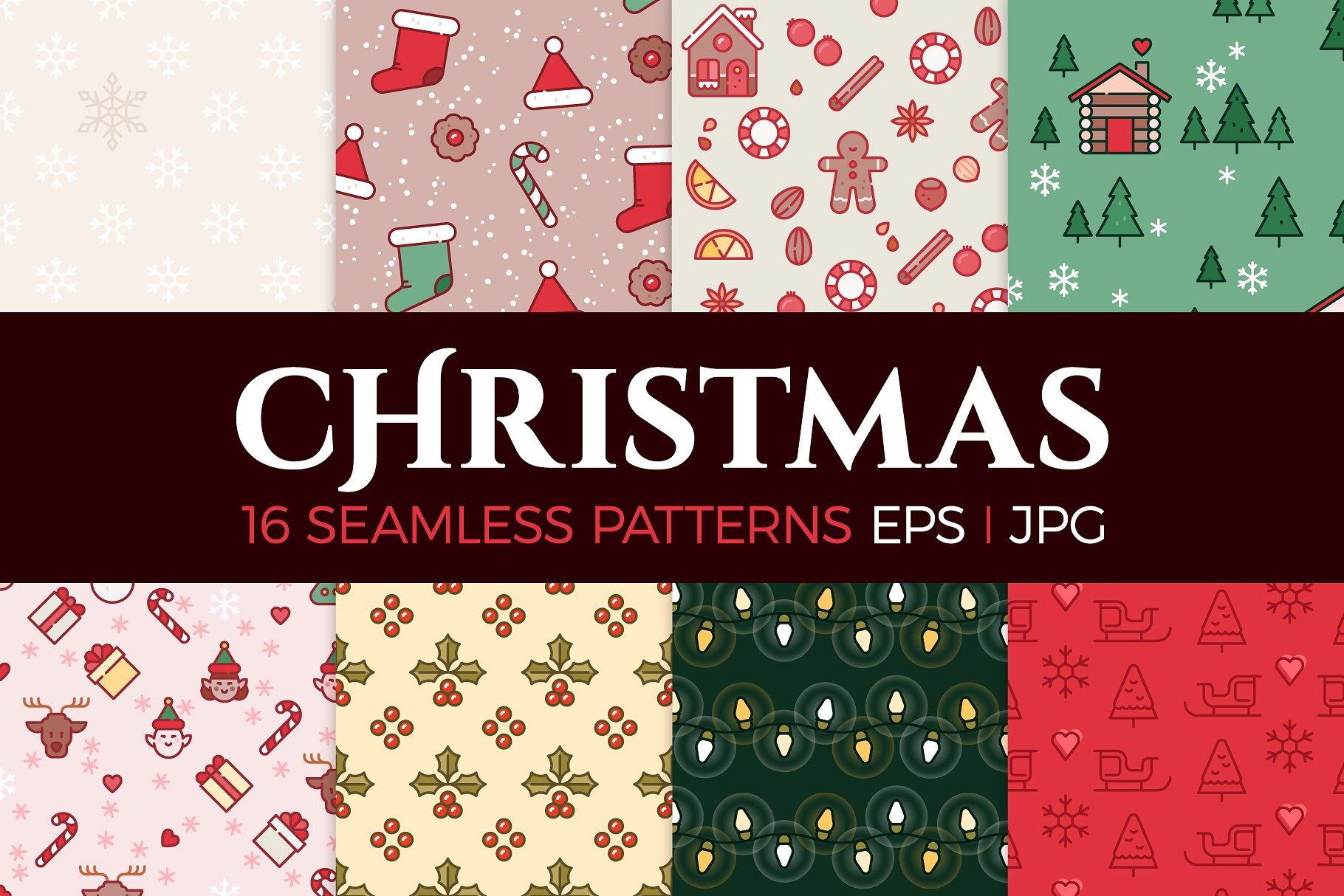 16个圣诞主题矢量无缝图案 16 Christmas seamless patterns