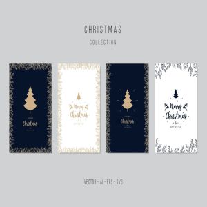 圣诞树手绘图案背景圣诞节贺卡矢量设计模板集 Christmas Greeting Vector Card Set