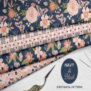 现代深浅海军蓝花卉几何图案 Modern Navy & Blush Floral Patterns