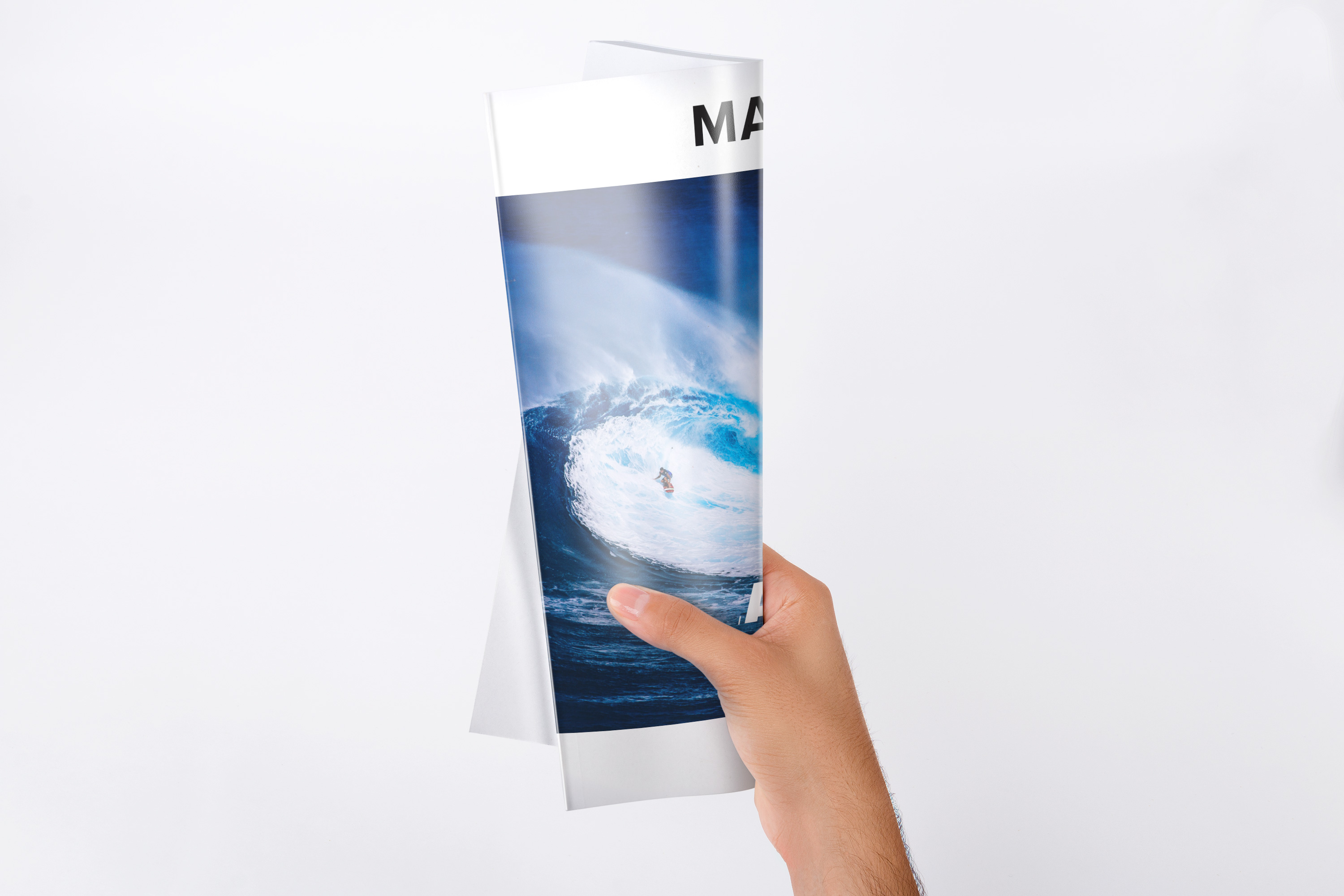 手持A4大小规格杂志封面设计样机 Holding A4 Magazine Rolled Mockup