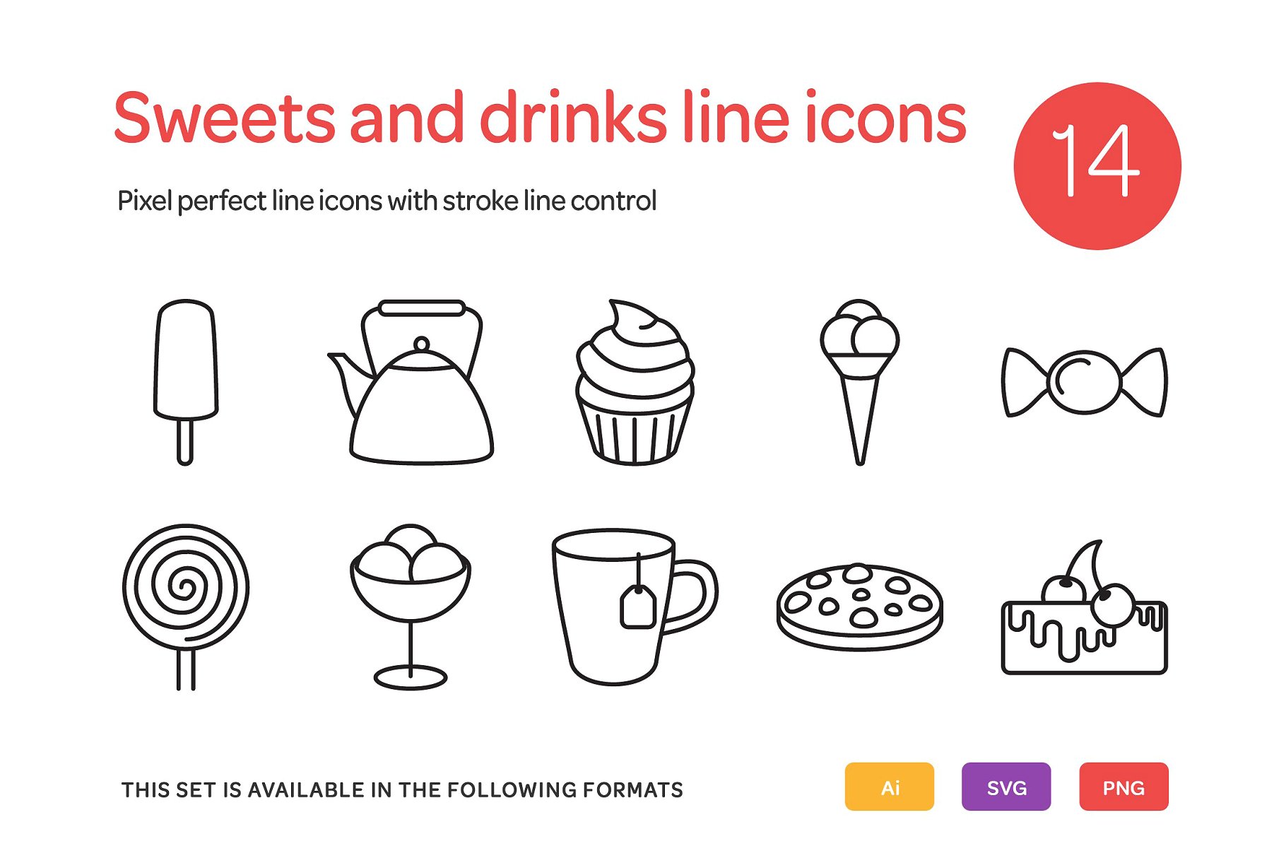 14个糖果和饮料系列线型图标集  Sweets and Drinks Line Icons Set