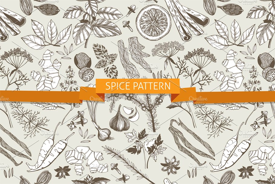 手绘厨房香料图案背景素材 3 Kitchen Spice Patterns Set