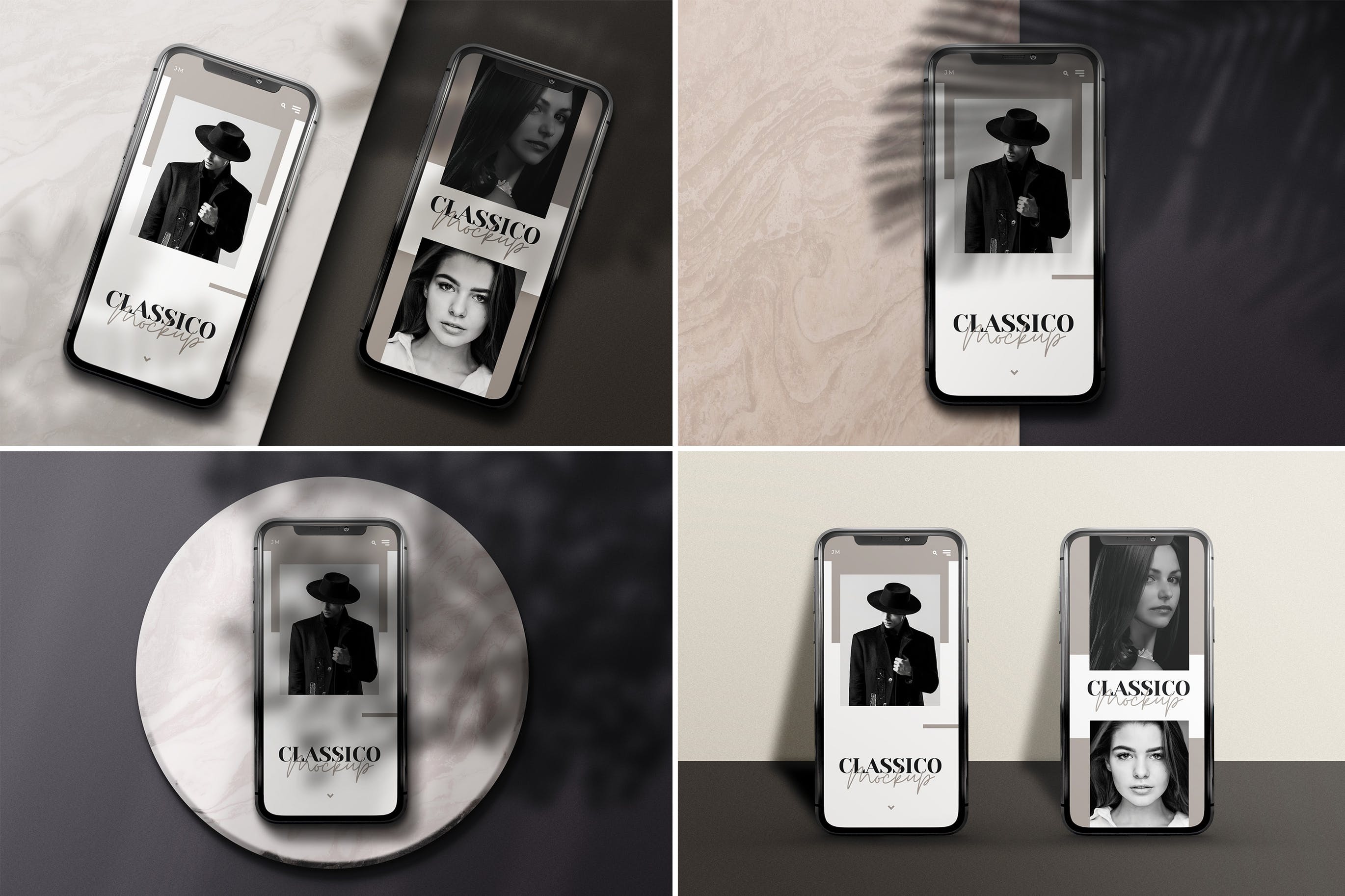 优雅阴影背景iPhone智能手机屏幕预览样机 Modern Mobile Mockups