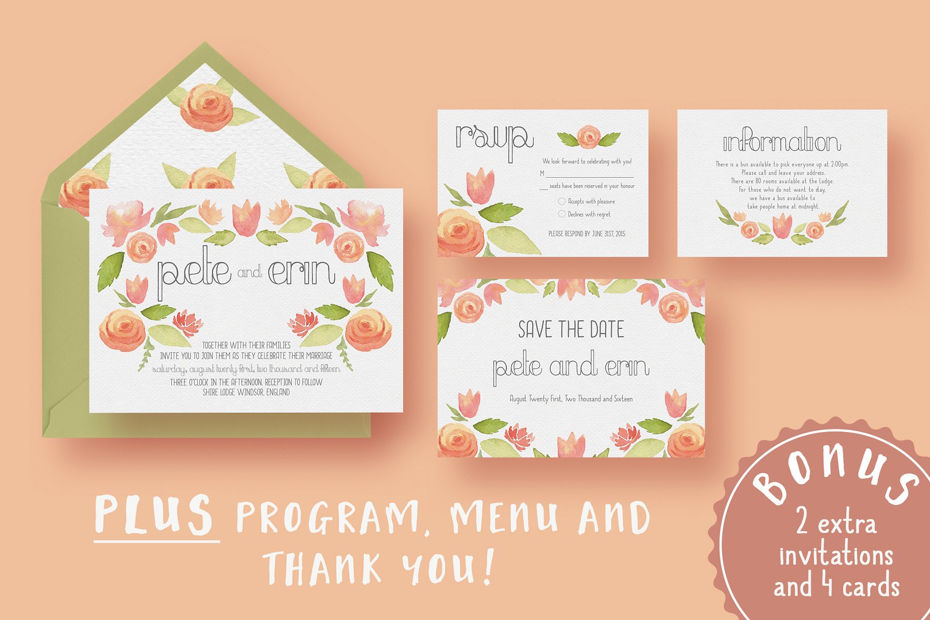 水彩花卉装饰婚礼邀请函设计模板 Garden Watercolour Wedding Suite