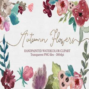 手绘水彩花卉＆树叶图案 Floral Watercolor Clipart Set