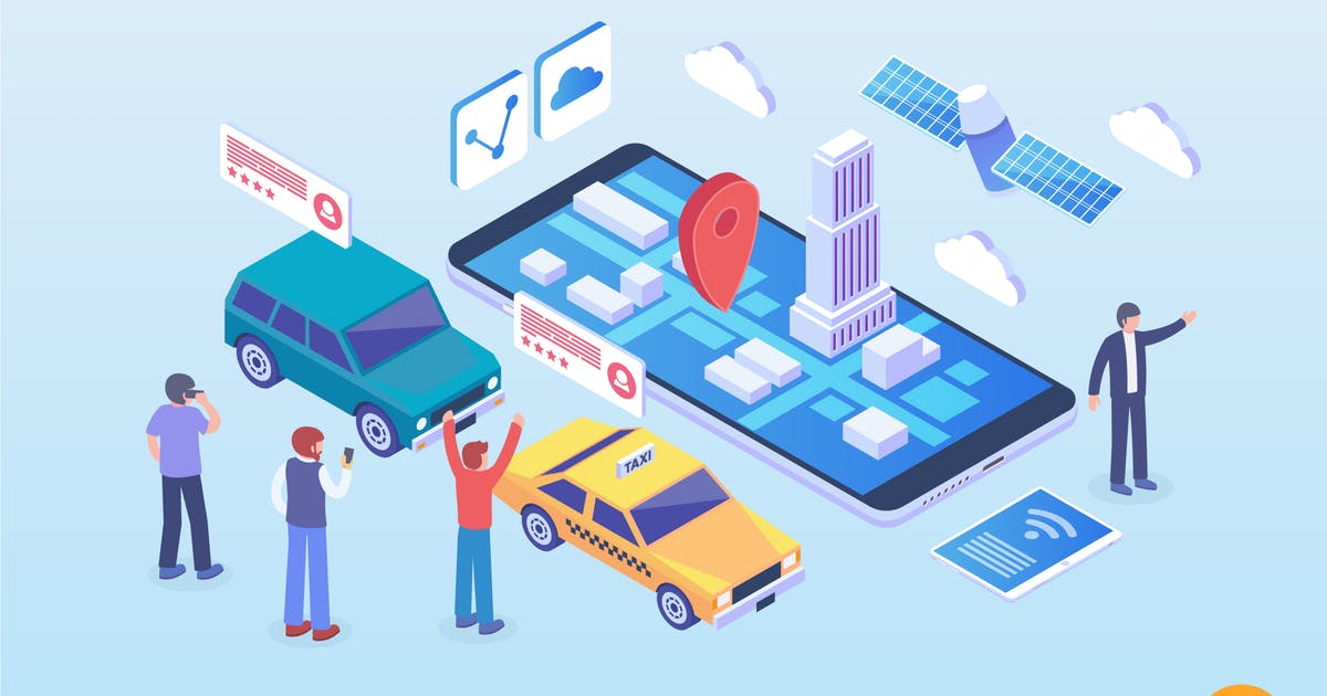 网约车＆共享出行2.5D等距概念插画 Isometric Online Taxi & Ride Sharing Apps Vector