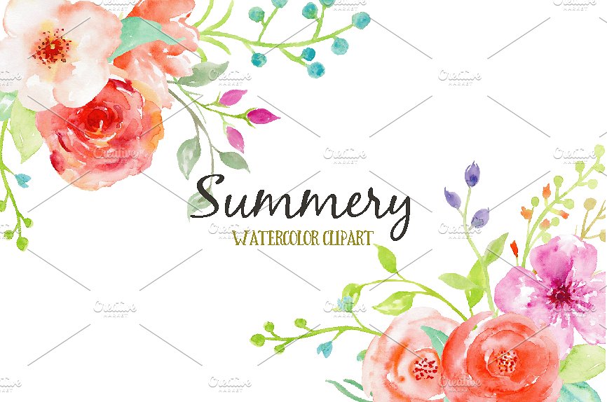 夏日鲜花，玫瑰，树叶和装饰元素水彩剪贴画 Watercolor Clipart Summery