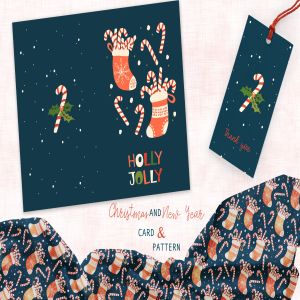 圣诞袜子&圣诞拐杖糖手绘图案背景素材/卡片设计模板 Christmas Stocking card and pattern