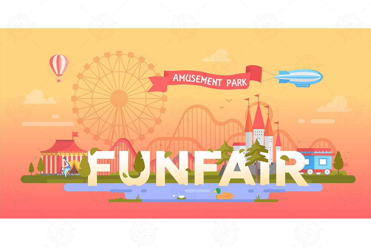 游乐园场景Banner矢量插画 Funfair – modern vector banner illustration