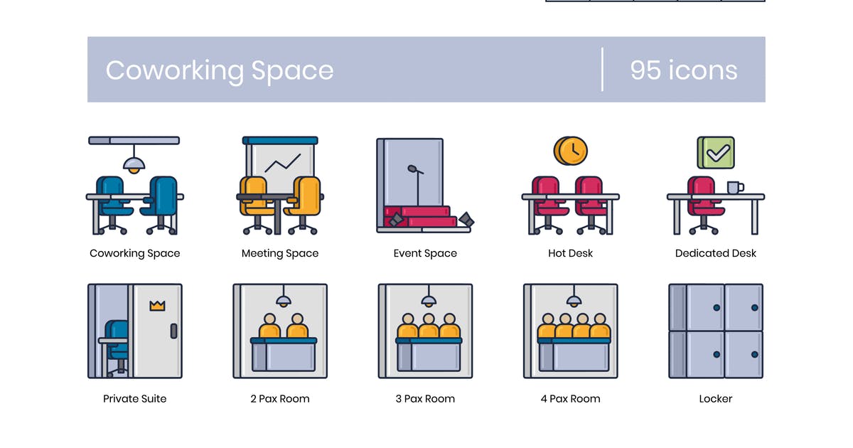 95枚办公室空间图标素材 95 Coworking Space Icons | Metallic Series
