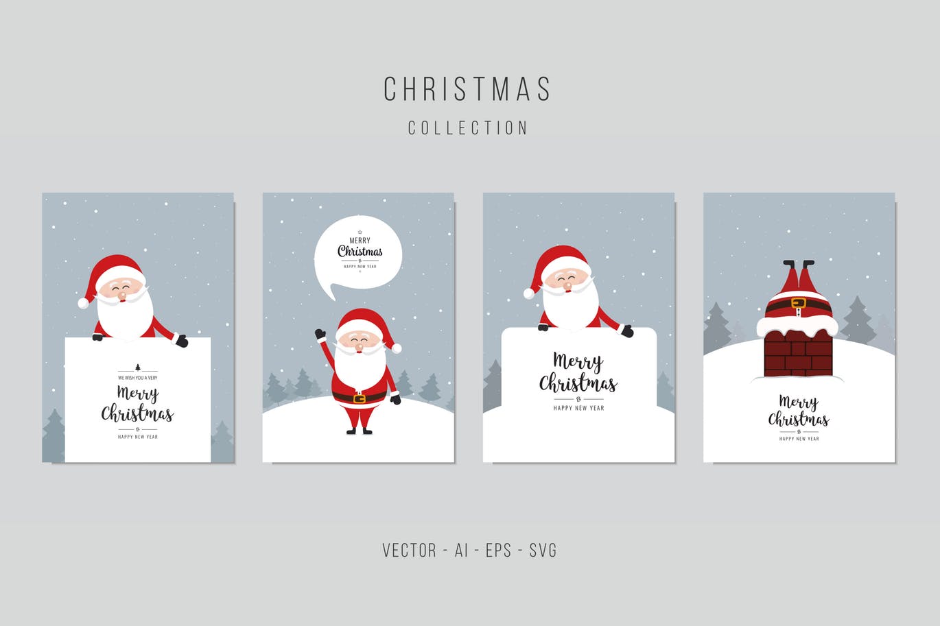 圣诞老人圣诞节贺卡矢量设计模板v4 Christmas Santa Claus Vector Card Set. vol.4