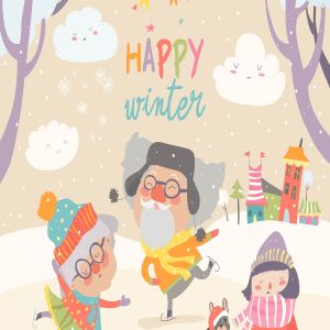 冬天场景卡通人物形象矢量插画素材 Happy couple of elderly with granddaughter skating