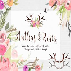 鹿角&玫瑰水彩剪贴画 Antlers & Roses Watercolor Clipart