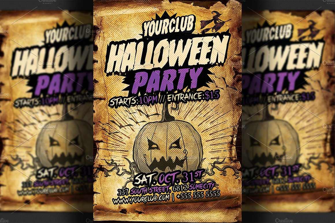 复古做旧万圣节派对活动推广传单模板 Halloween Party Flyer Template