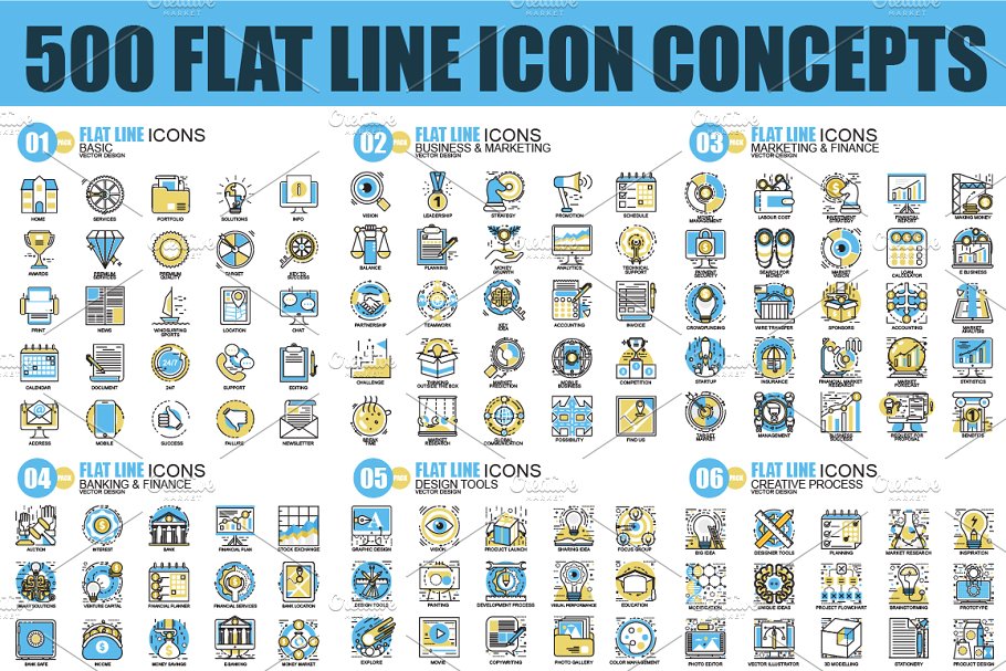 500枚扁平化线条图标 Pack Flat Line Icons