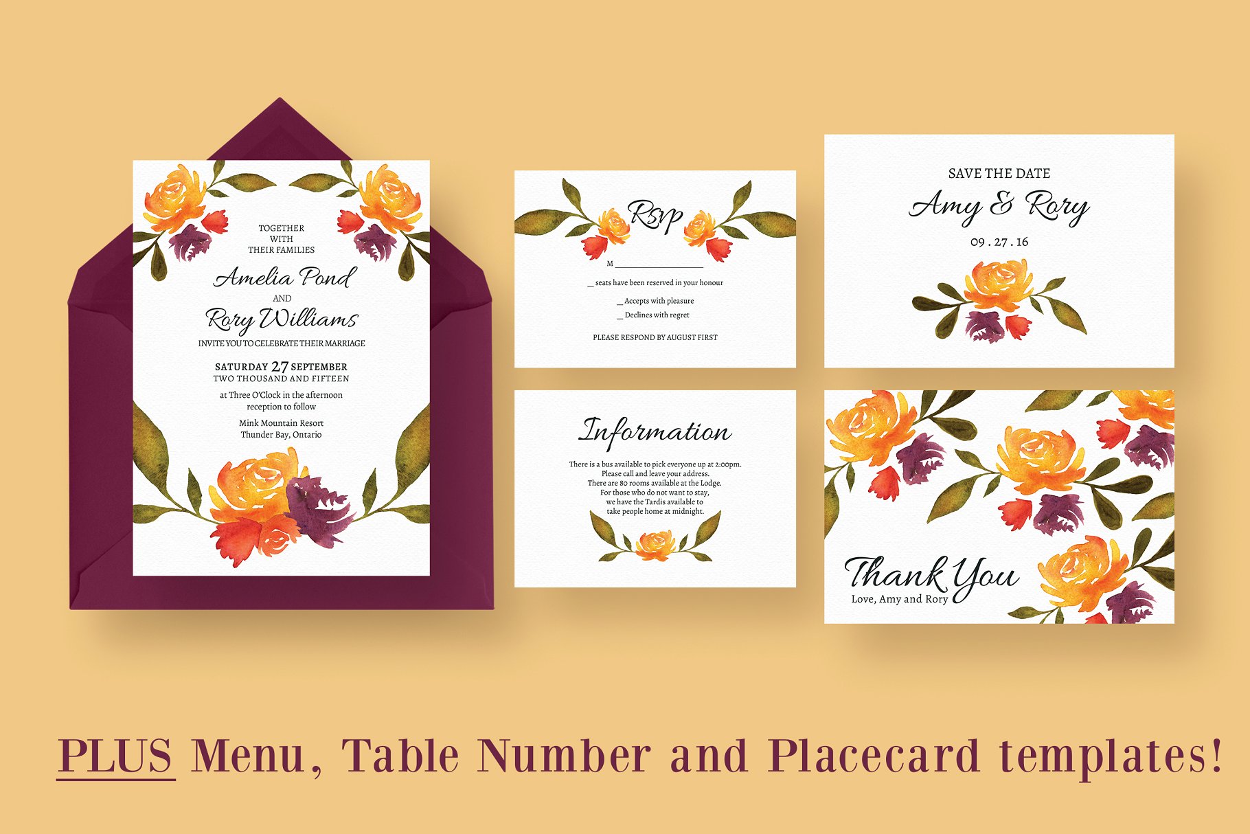 秋季水彩婚礼邀请函设计套装 Watercolour Fall Wedding Suite