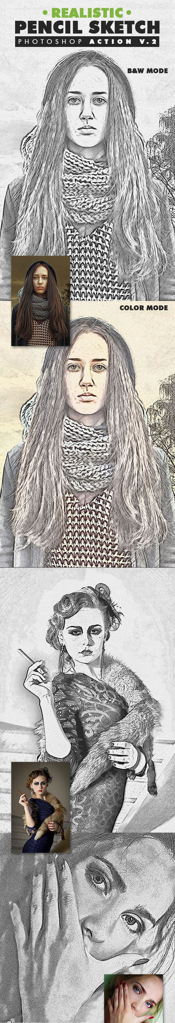 现实主义铅笔素描特效的PS动作 Pencil Sketch Photoshop Actions