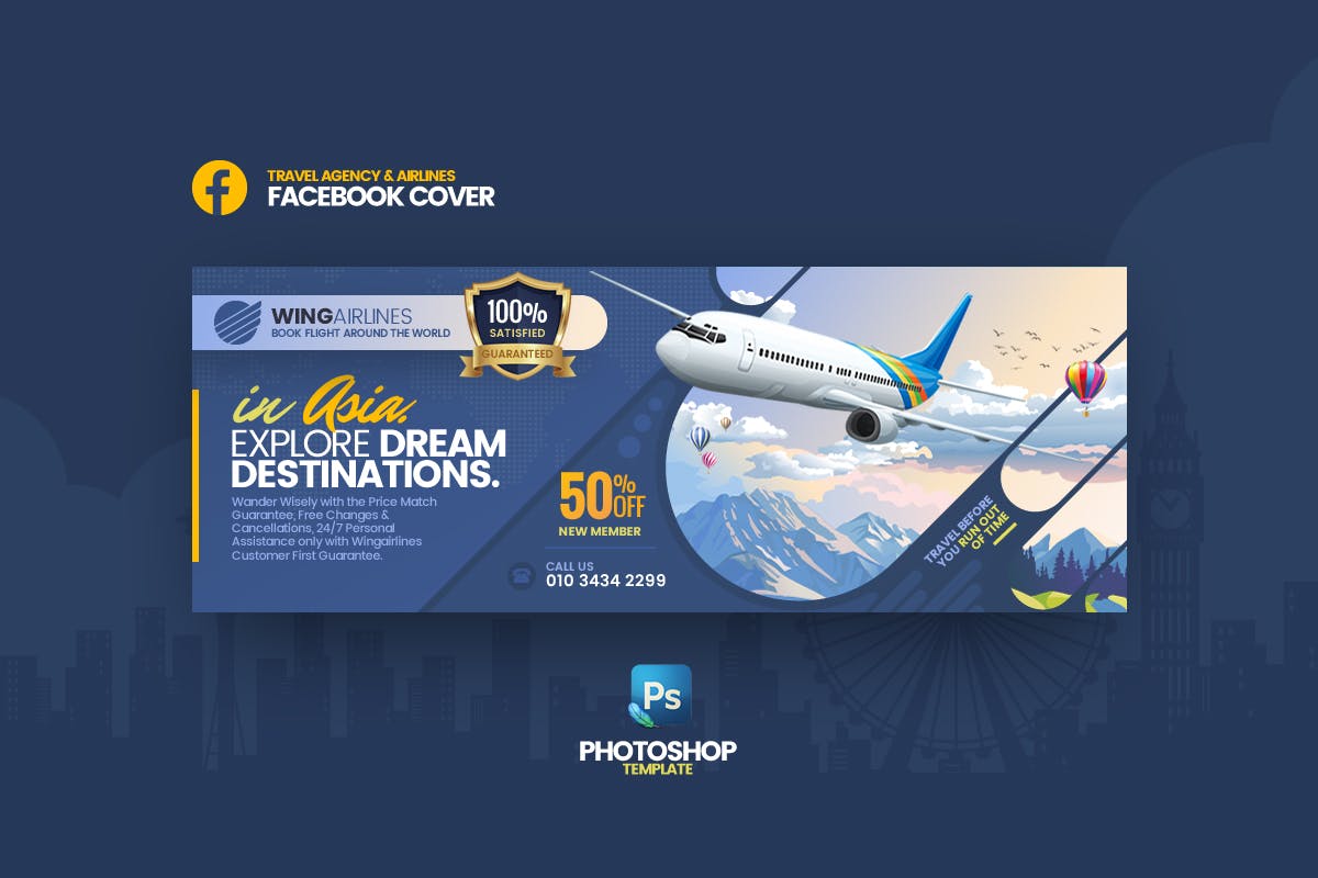 旅行社＆航空公司Facebook封面＆Banner设计模板 Wingairlines – Travel Agency FB Cover Template