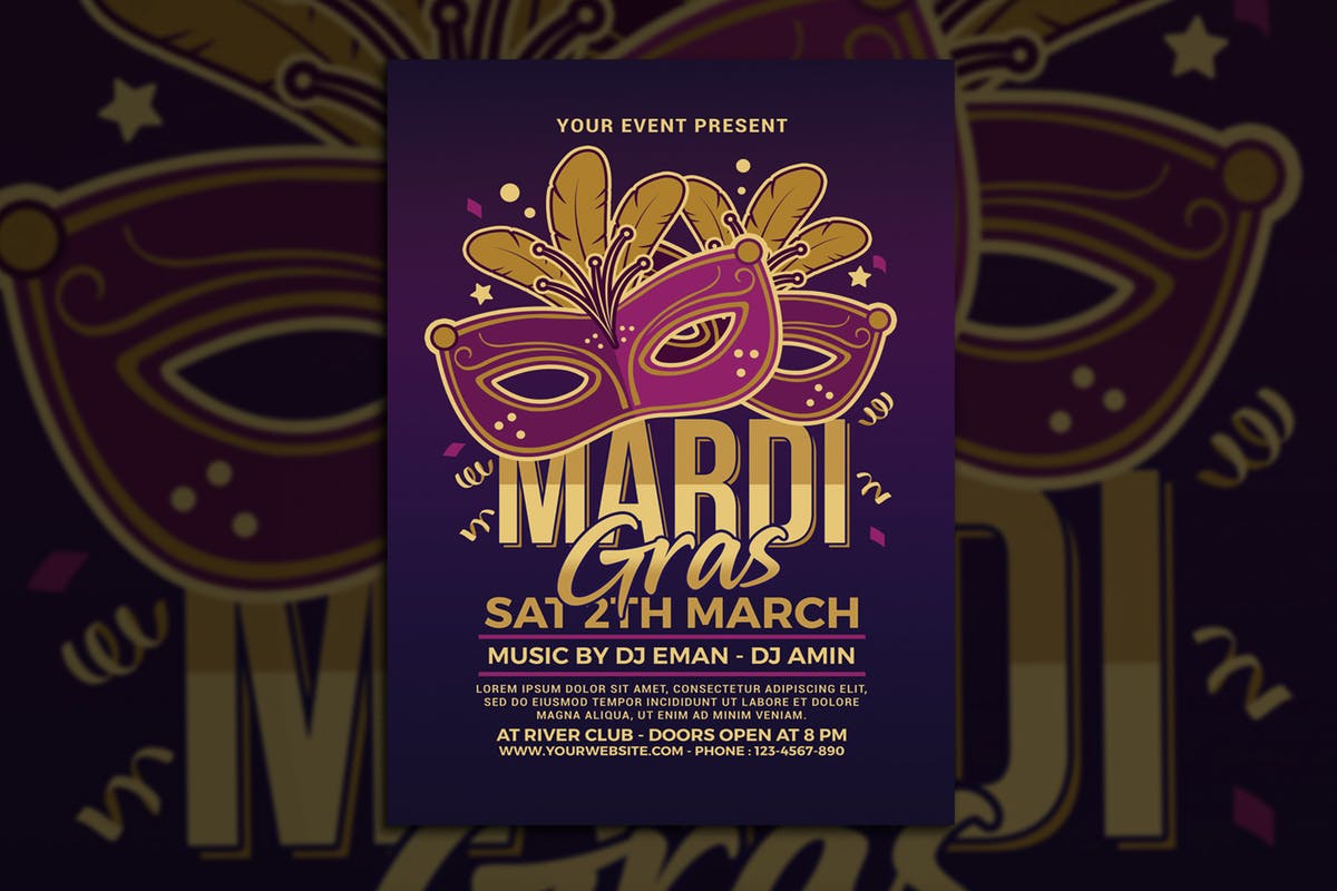 狂欢节面具舞会传单海报设计模板 Mardi Gras Flyer