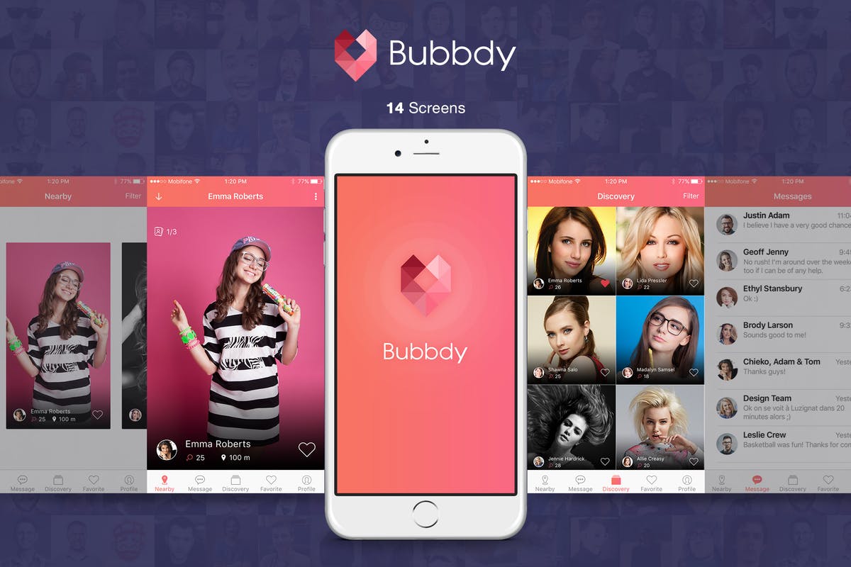 在线约会陌生交友手机APP应用UI套件 Bubbdy – Dating App UI Kit