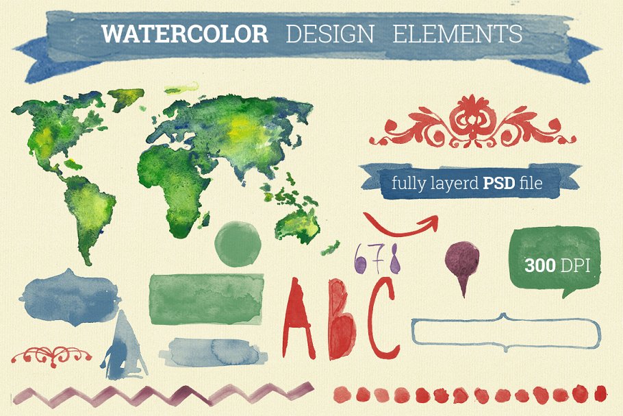 特色水彩手绘设计元素素材合集 Watercolor Design Elements