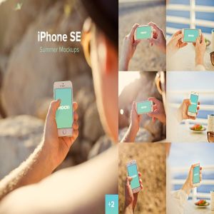 夏季海滩场景手持iPhone SE样机模板 iPhone SE Summer Mockups