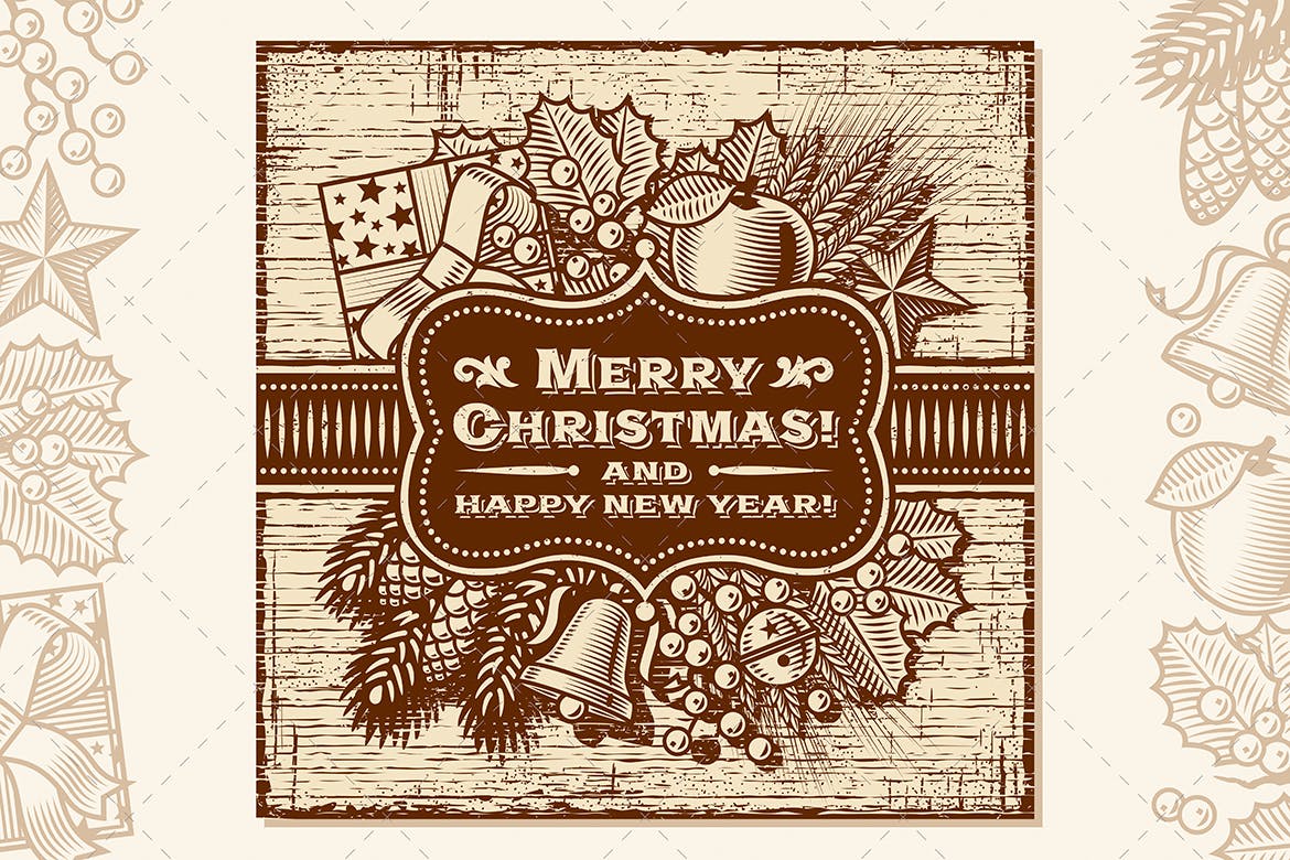 复古棕色圣诞快乐贺卡矢量设计模板 Merry Christmas Retro Card Brown