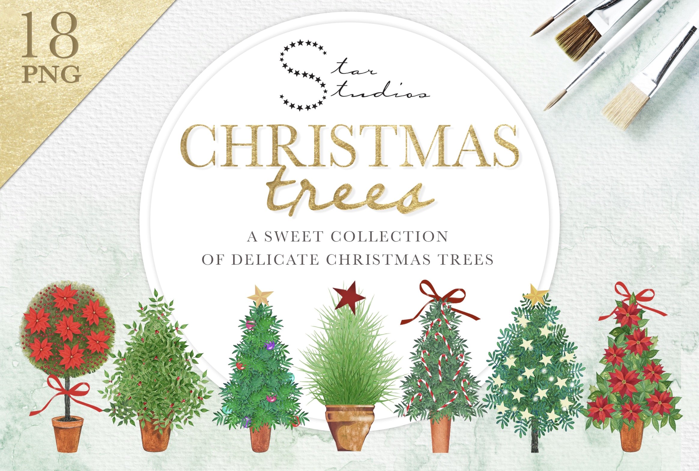 18个水彩圣诞树的甜美小集合